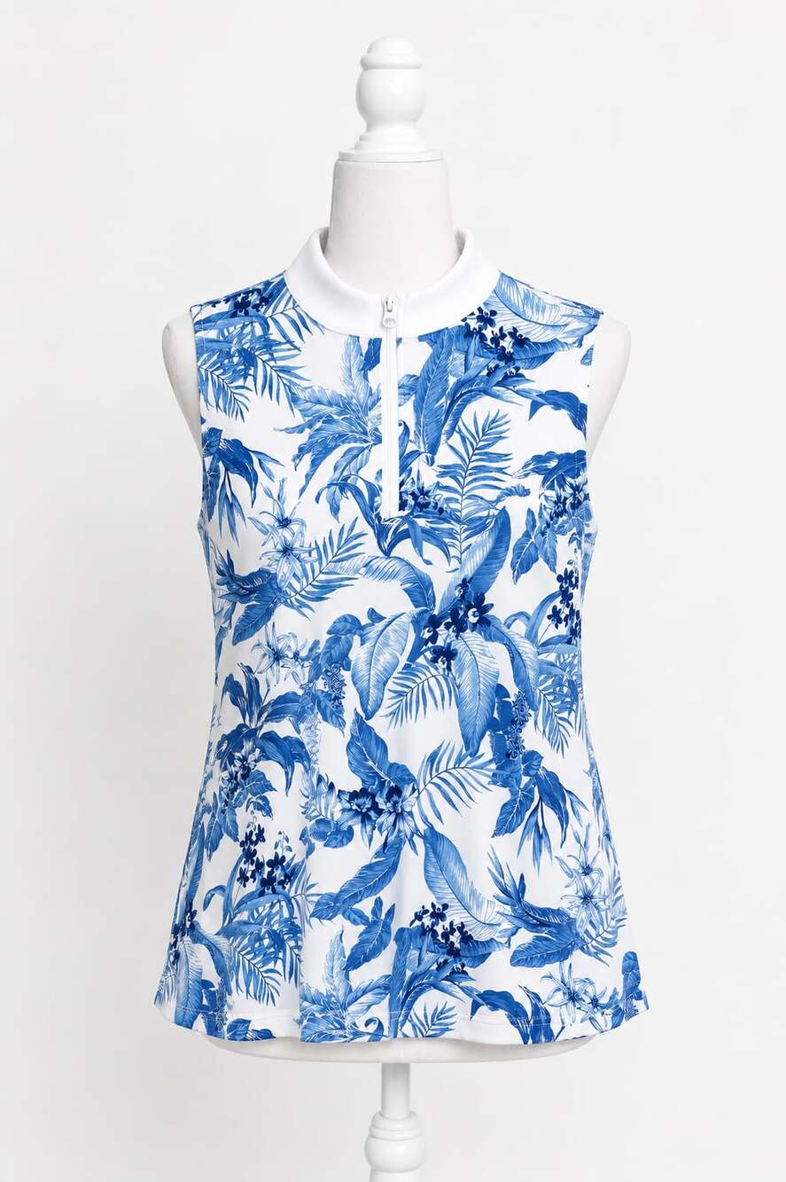 Tommy Bahama Golf Tabu Jungle Printed Sleeveless Mock Neck Top Blue Size L NWT